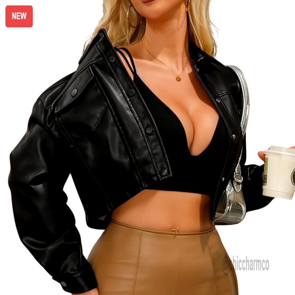 Faux Leather Jacket Cropped Button-Down Moto Style Chic Classic Oversized